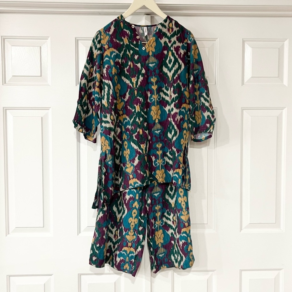 ETHNC | 2pcs Set Colorful Print Flowy Top & Pants